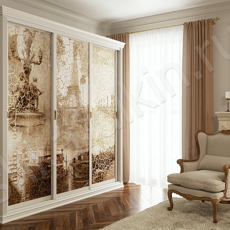 Корпусный шкаф-купе Кракелюр Белый Коричневый Светлые Классика 3х створчатые Гостиная Для вещей 2