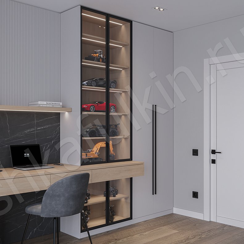 Изображение Кабинет Пейсли Серый Древесный Светлые Современный 2х створчатые Детская Для книг Для декора Для вещей 5