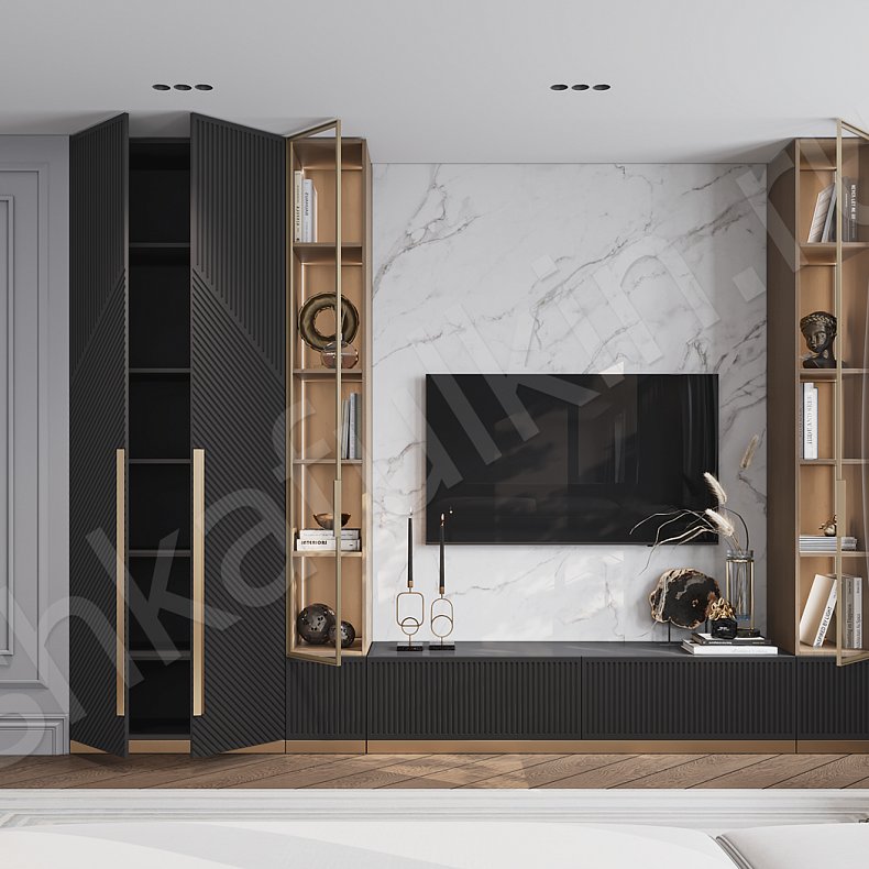 Изображение Стенка Нотариус Белый Черный Светлые Темные Модерн 4х створчатые Гостиная Для книг Под ТВ Для вещей 5