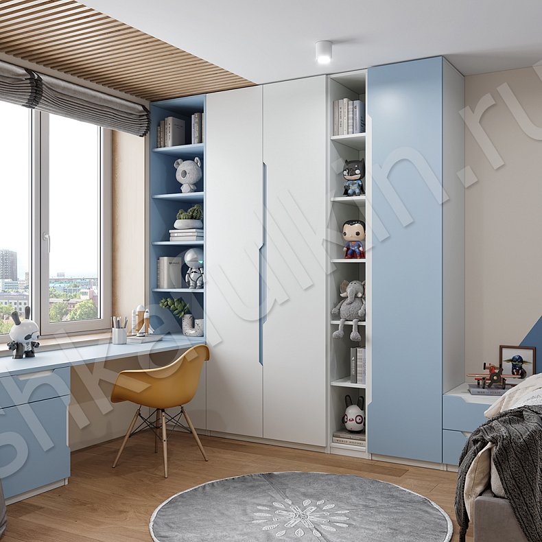 Детская Бамбини Белый Цветной Синий Светлые Минимализм 3х створчатые Детская Для книг Для декора Для вещей