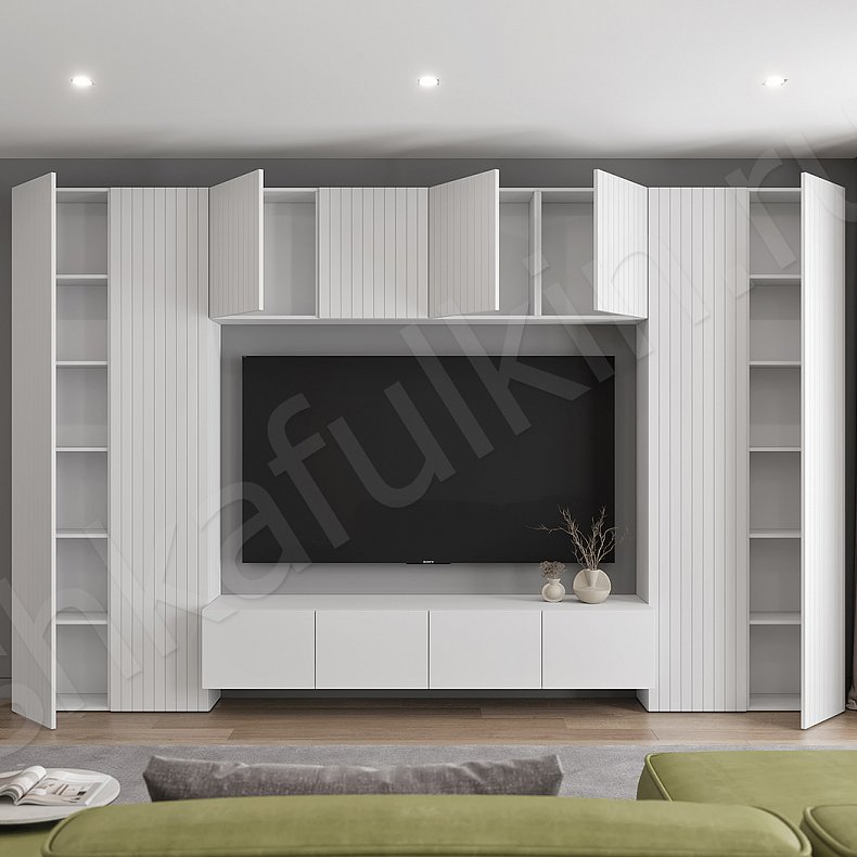 Изображение Стенка Базилио Светлые Белый Минимализм 4х створчатые Гостиная Для вещей Под ТВ 5