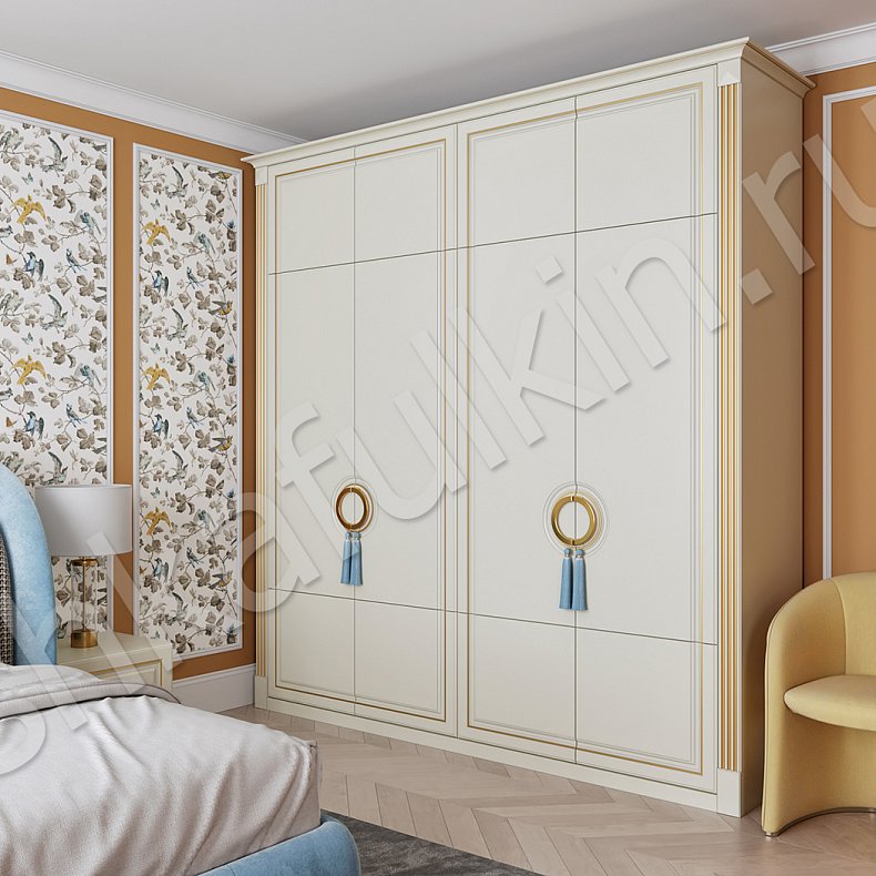 Шкаф с ручками-кругами Юлианна Светлые Золото Белый Классика 4х створчатые Спальня Для вещей