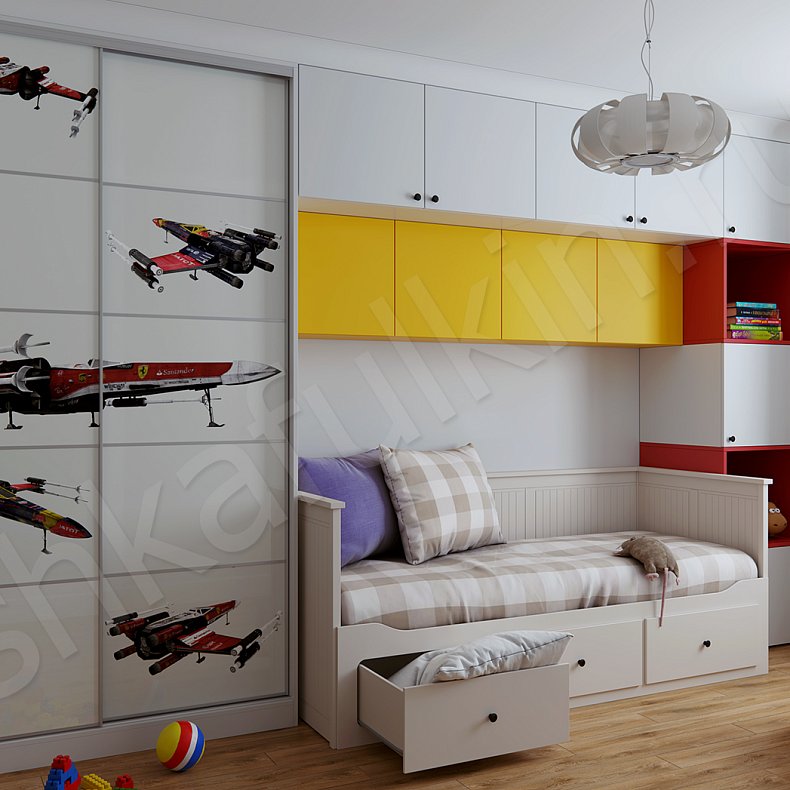 Изображение Детская Авиатор Белый Цветной Светлые Современный 2х створчатые Детская Для книг Для вещей 1