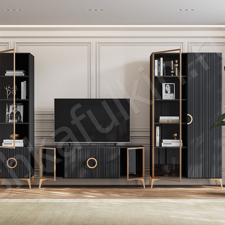 Изображение Стенка Обсидиан Белый Черный Цветной Красный Синий Светлые Темные Неоклассика 2х створчатые Гостиная Для книг Под ТВ 5