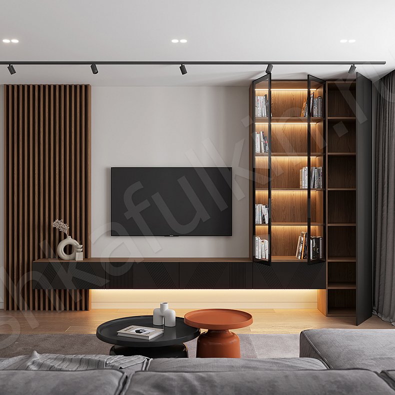 Изображение Стенка Клеопатра Черный Древесный Коричневый Светлые Темные Современный 3х створчатые Гостиная Для книг Для декора Под ТВ 10