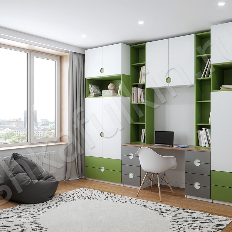 Изображение Детская Тетрис Белый Светлые Зеленый Современный 4х створчатые Детская Для книг Для вещей 2