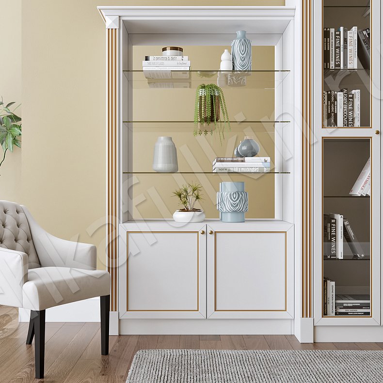 Изображение Стенка Жизель Светлые Белый Синий Темные Классика 2х створчатые Гостиная Для книг Для декора Для посуды 5