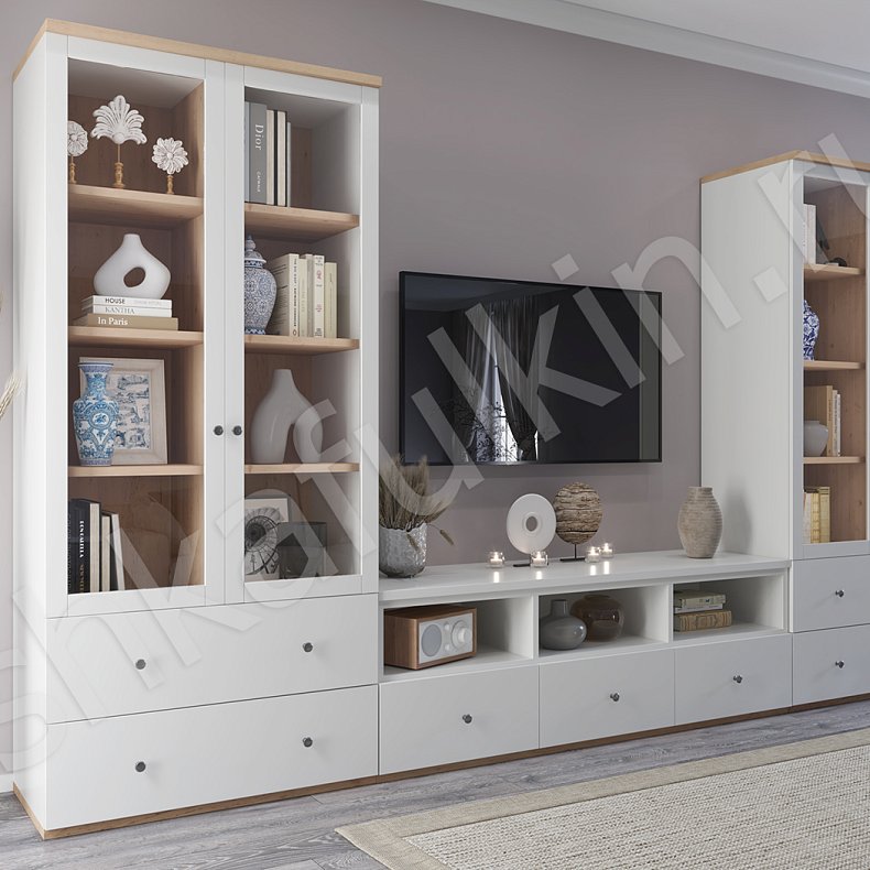 Изображение Стенка Сканди Светлые Белый Скандинавский 2х створчатые Гостиная Для декора Для книг 2