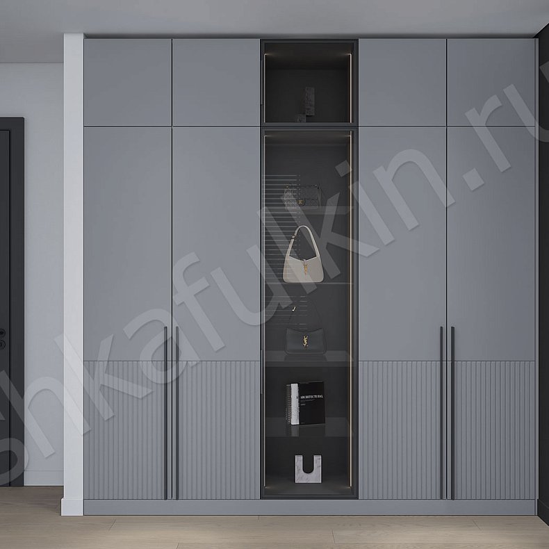 Изображение Встроенный шкаф со стеллажом Шондер Светлые Серый Современный 4х створчатые Спальня Для белья Для книг Для декора Для вещей 2