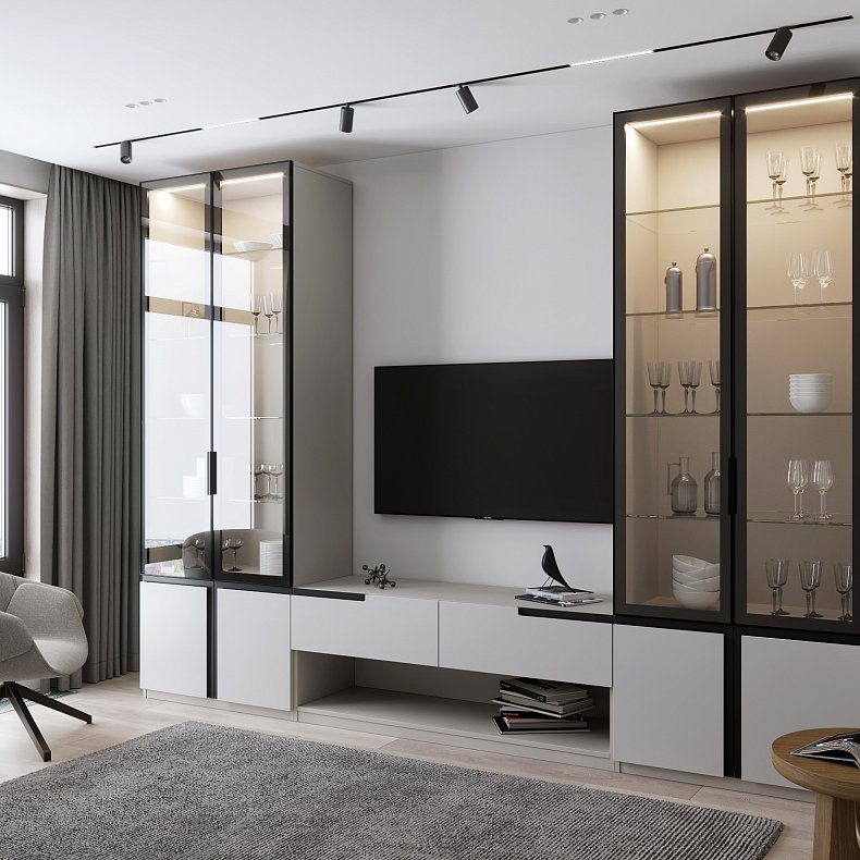 Изображение Стенка Альфа Белый Светлые Минимализм 2х створчатые Гостиная Для книг Для посуды Под ТВ 1