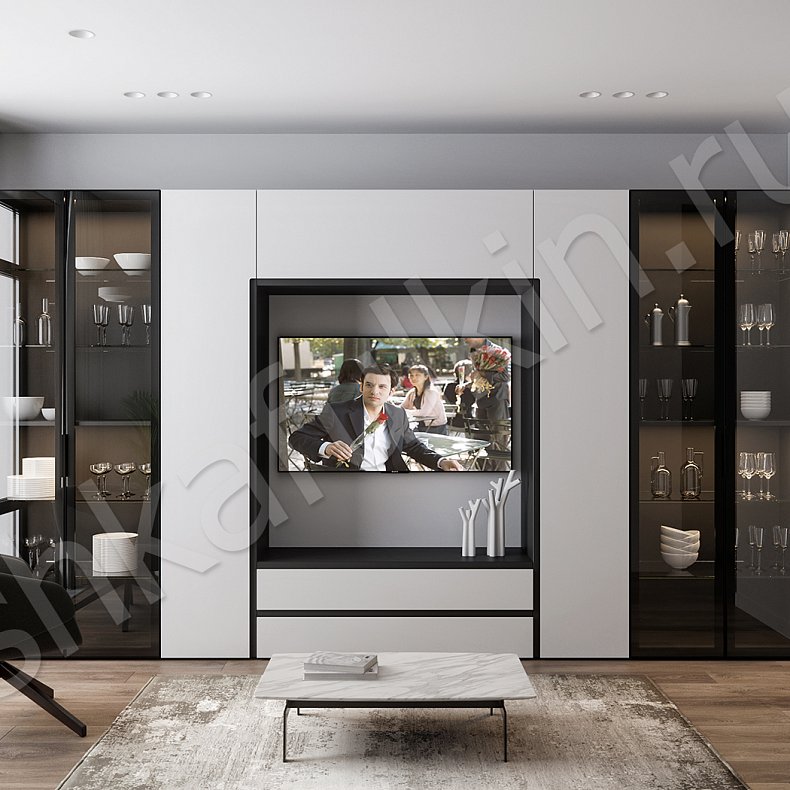 Изображение Стенка Тониан Белый Светлые Минимализм 6и створчатые Гостиная Для книг Для посуды Под ТВ Для вещей 1