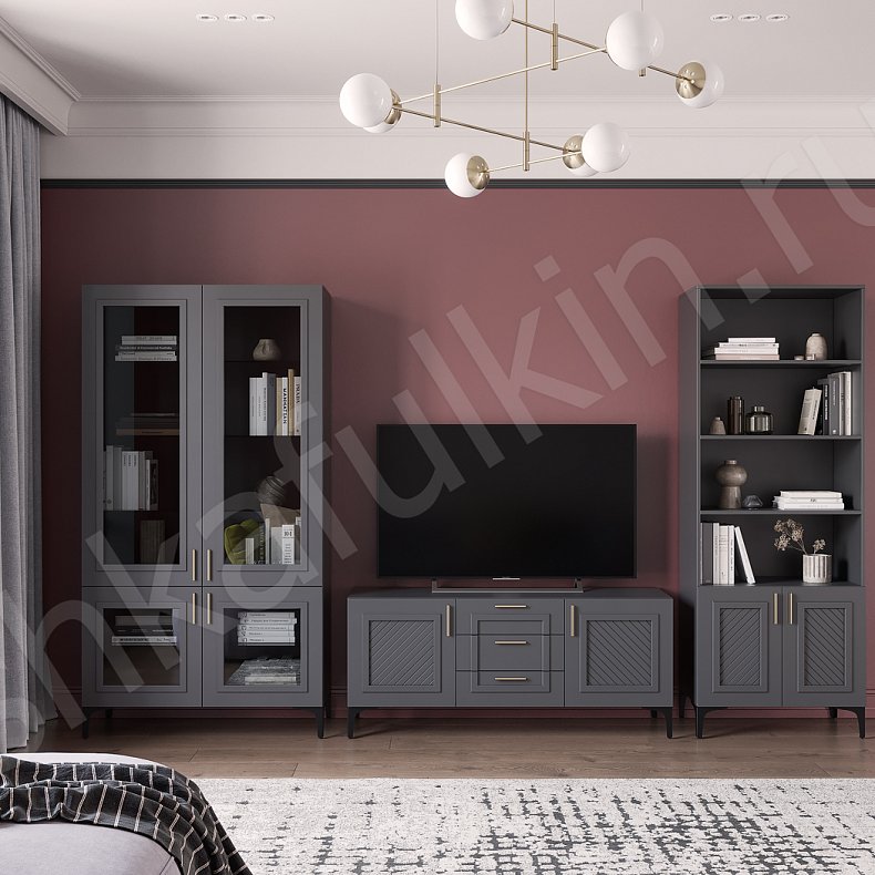 Изображение Стенка Танзано Белый Серый Светлые Темные Современный 2х створчатые Гостиная Для книг Для декора Под ТВ 1