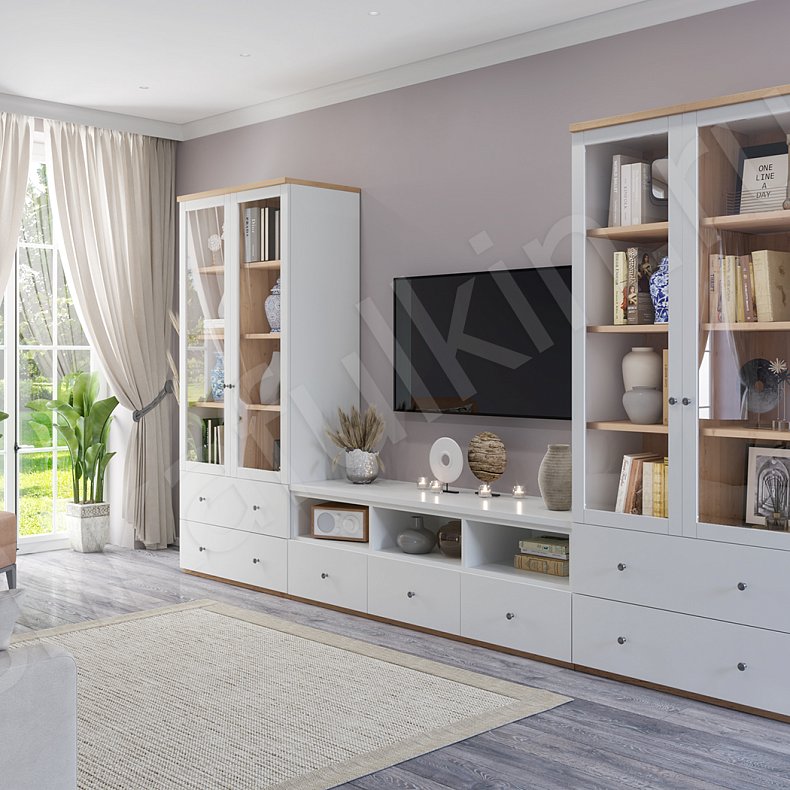 Изображение Стенка Сканди Светлые Белый Скандинавский 2х створчатые Гостиная Для декора Для книг 1