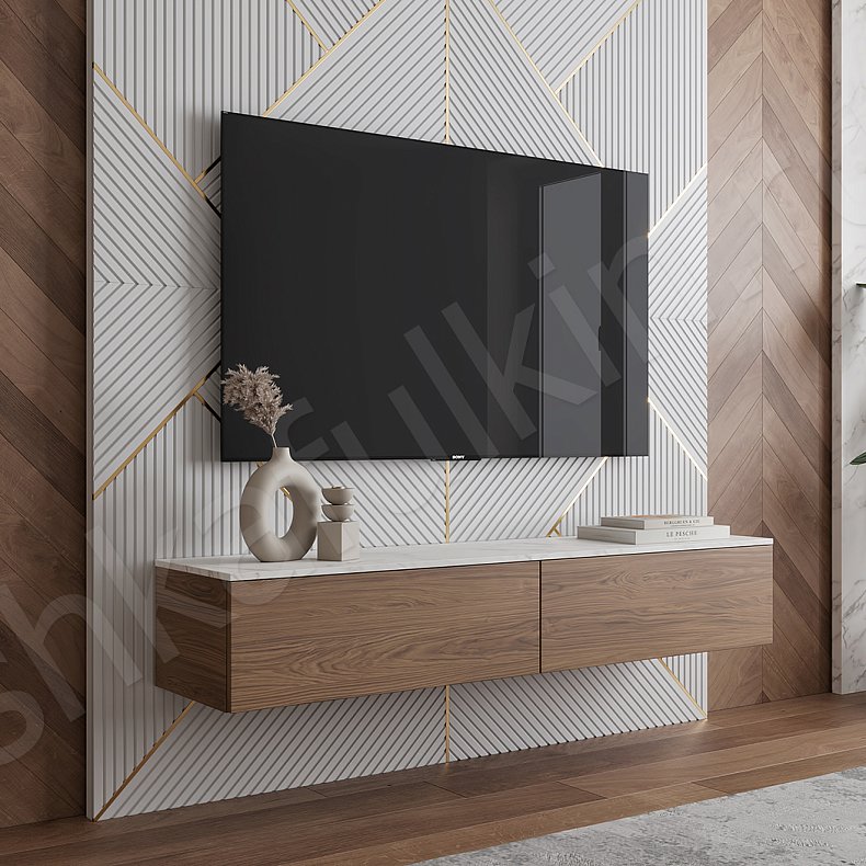 Изображение Стеновая панель и тумба Хиггенс Светлые Древесный Белый Современный  Гостиная Под ТВ 3