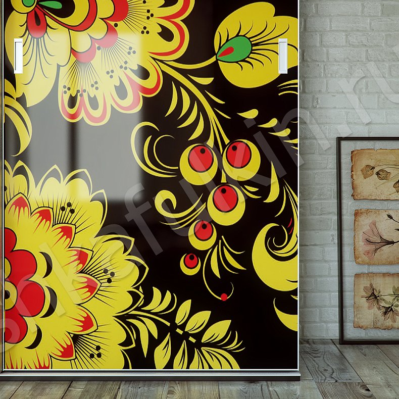 Корпусный шкаф-купе Хохлома Светлые Красный Цветной Этнический 3х створчатые Гостиная Для вещей 3