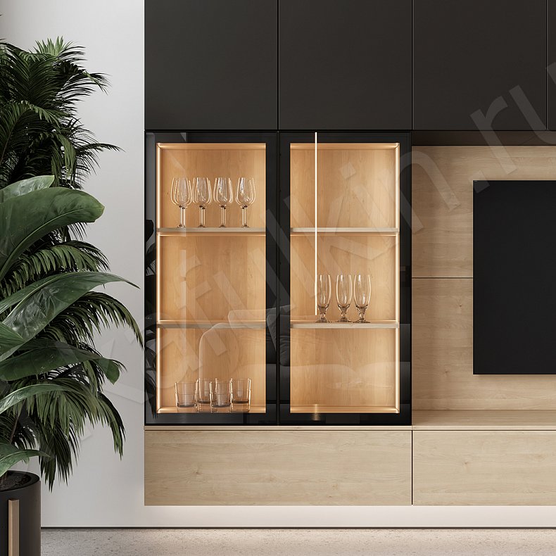 Изображение Стенка Санди Светлые Черный Древесный Современный 3х створчатые Гостиная Для книг Для посуды Под ТВ 3