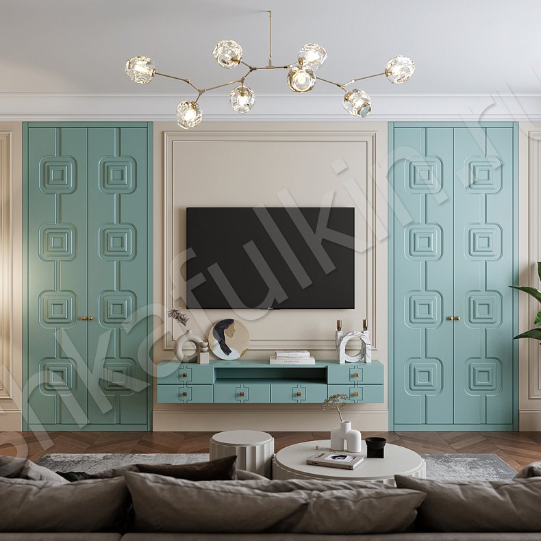 Изображение Гарнитур Тиффани Синий Светлые Зеленый Неоклассика 2х створчатые Гостиная Под ТВ Для вещей 1