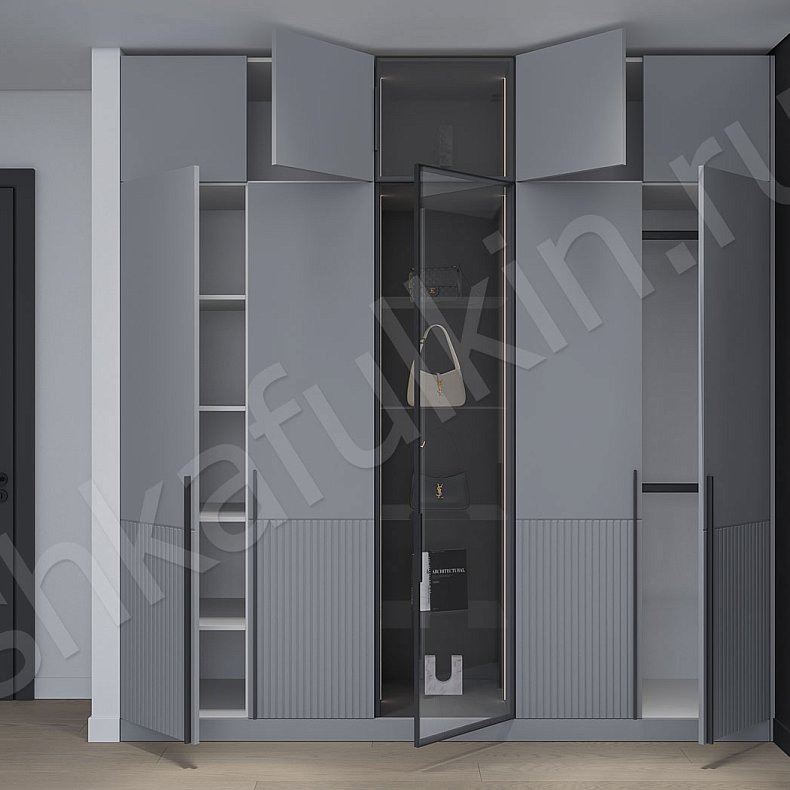 Изображение Встроенный шкаф со стеллажом Шондер Светлые Серый Современный 4х створчатые Спальня Для белья Для книг Для декора Для вещей 5