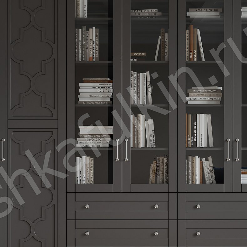 Изображение Стенка Пифагор Белый Серый Светлые Темные Неоклассика 6и створчатые Гостиная Для книг Для декора Для вещей 8