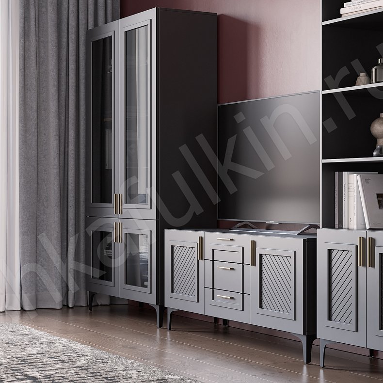 Изображение Стенка Танзано Белый Серый Светлые Темные Современный 2х створчатые Гостиная Для книг Для декора Под ТВ 6