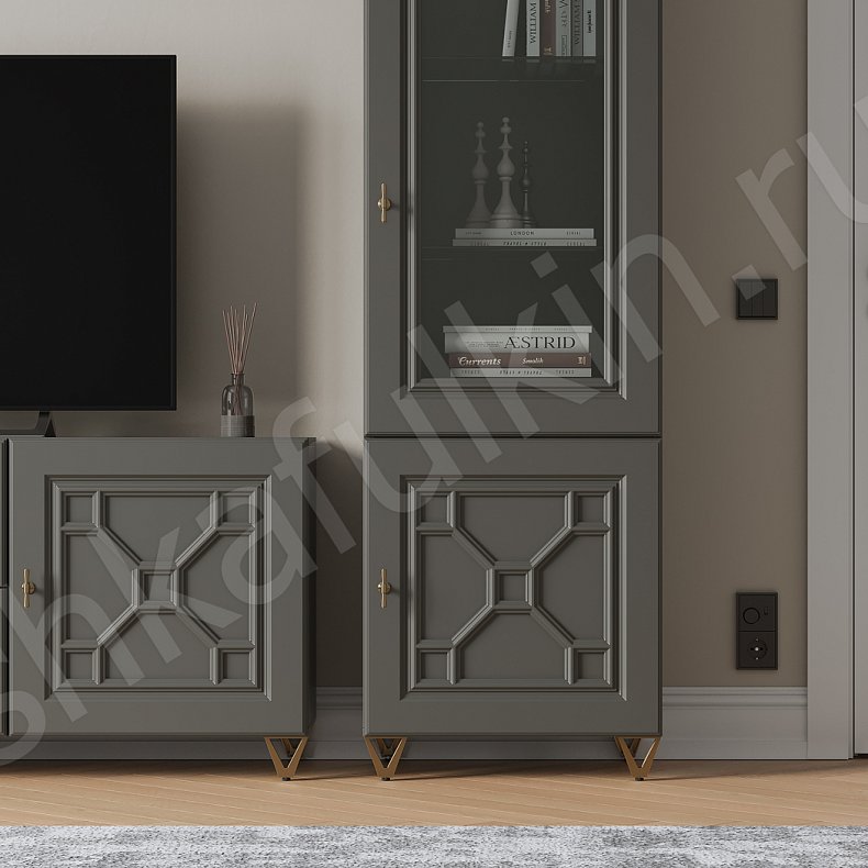 Изображение Стенка Сакура Серый Темные Неоклассика 2х створчатые Гостиная Под ТВ Для книг 2