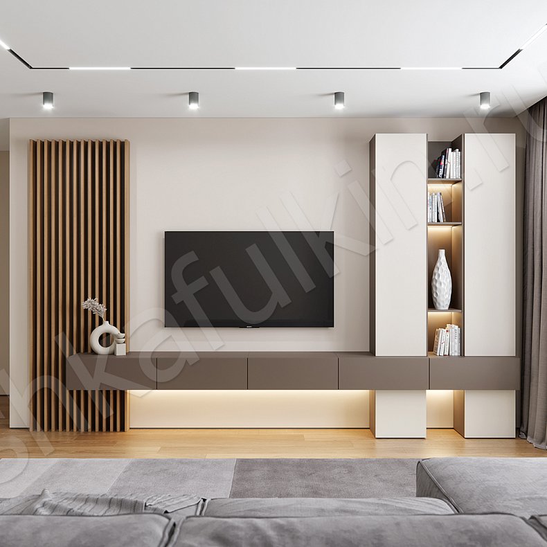 Стенка Экка Белый Коричневый Светлые Современный 2х створчатые Гостиная Для книг Для декора Под ТВ