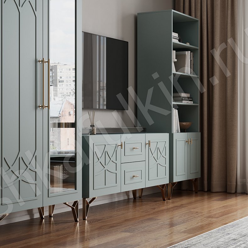 Изображение Стенка Стефани Синий Цветной Светлые Неоклассика  Гостиная Для книг Для декора Под ТВ 3