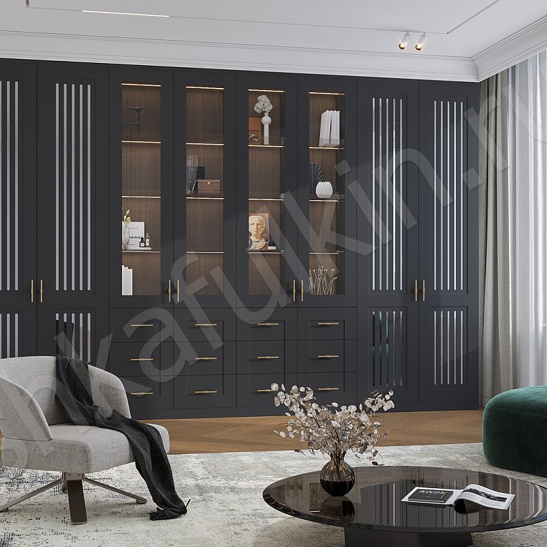 Шкаф-витрина Сандерс Темные Черный Современный 2х створчатые Гостиная Для вещей Для декора Для книг 1