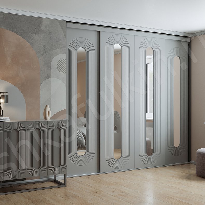 Изображение Шкаф-купе Дзен с зеркалом Светлые Серый Современный 4х створчатые Гостиная Для вещей 2