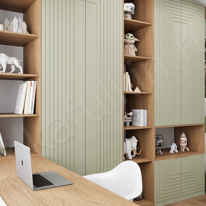 Изображение Детская Максимус Цветной Древесный Серый Синий Светлые Зеленый Минимализм 4х створчатые Детская Для книг Для декора Для вещей 4