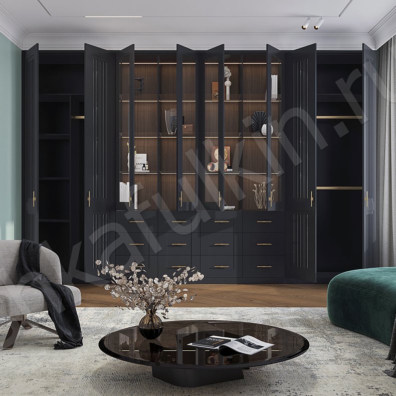 Шкаф-витрина Сандерс Темные Черный Современный 2х створчатые Гостиная Для вещей Для декора Для книг 6
