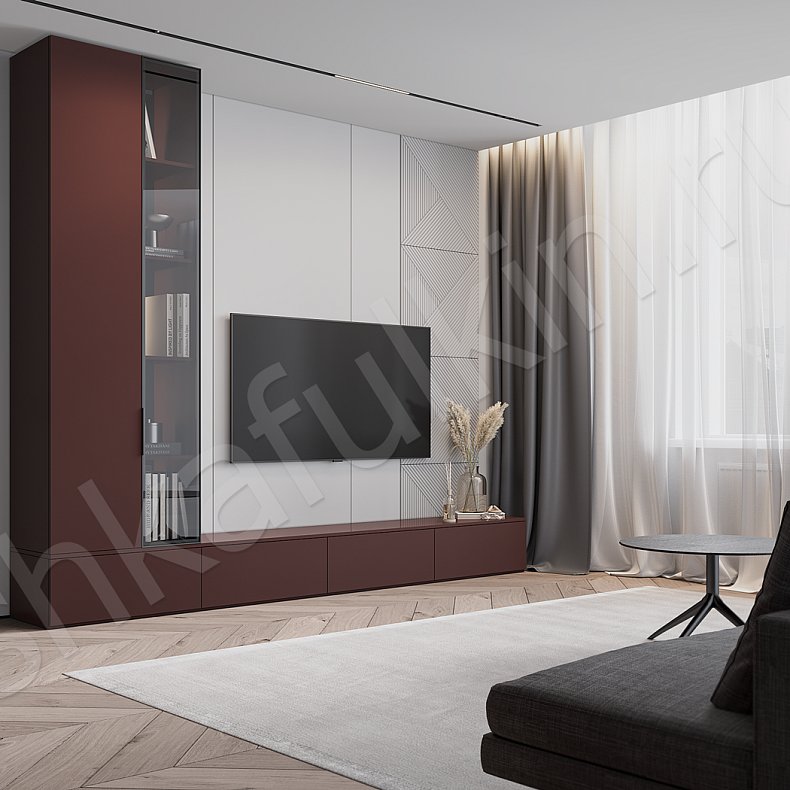 Изображение Стенка Ферреро Красный Цветной Коричневый Темные Современный 2х створчатые Гостиная Для книг Для декора Под ТВ 5