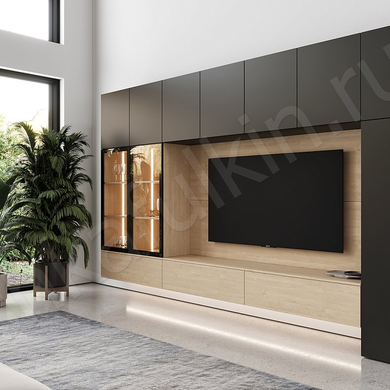 Изображение Стенка Санди Светлые Черный Древесный Современный 3х створчатые Гостиная Для книг Для посуды Под ТВ 2