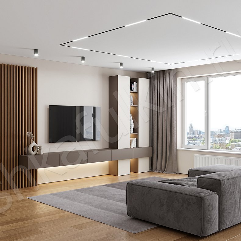 Изображение Стенка Экка Белый Коричневый Светлые Современный 2х створчатые Гостиная Для книг Для декора Под ТВ 2