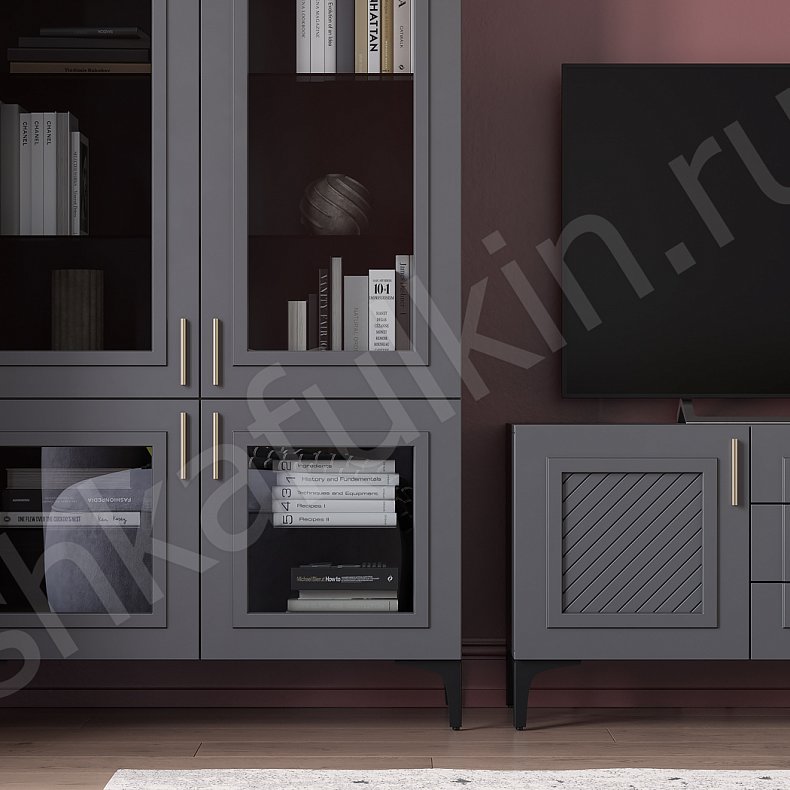 Изображение Стенка Танзано Белый Серый Светлые Темные Современный 2х створчатые Гостиная Для книг Для декора Под ТВ 8