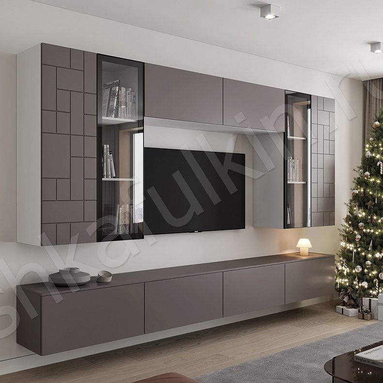 Изображение Стенка Честер Темные Серый Современный 4х створчатые Гостиная Для книг Под ТВ 3