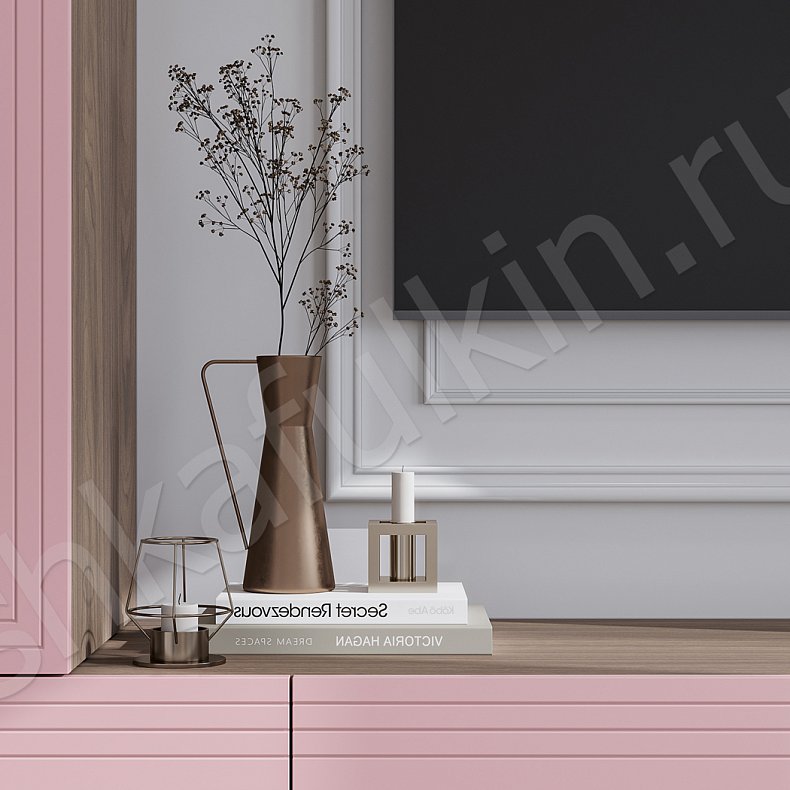 Изображение Стенка Метрополитан Розовый Белый Цветной Светлые Неоклассика 4х створчатые Гостиная Для книг Для декора Под ТВ 7