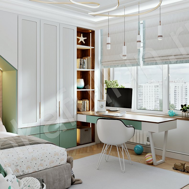 Изображение Детская Гринлайн Белый Цветной Светлые Зеленый Неоклассика 3х створчатые Детская Для книг Для декора Для вещей 3