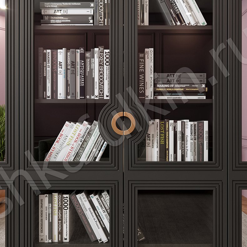 Шкаф-витрина Севилья Черный Золото Темные Неоклассика 4х створчатые Гостиная Для книг Для вещей 3