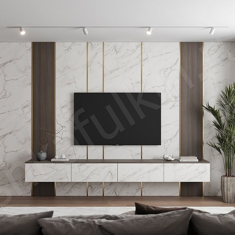 Изображение Стеновая панель и тумба Тангенс Светлые Древесный Белый Современный Гостиная Под ТВ 1