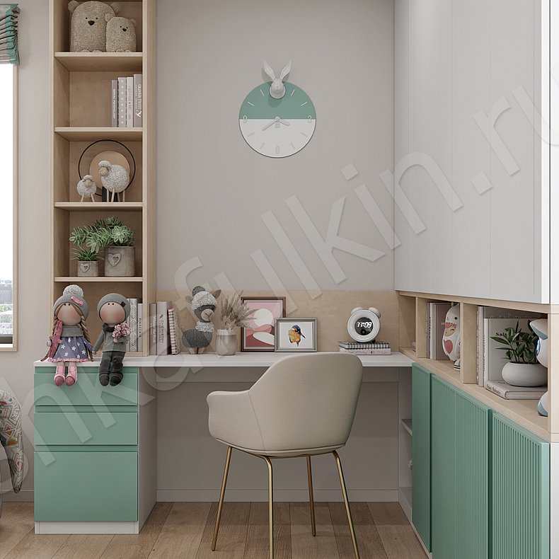 Детская Федерико Белый Цветной Светлые Зеленый Современный 4х створчатые Детская Для книг Для вещей 11