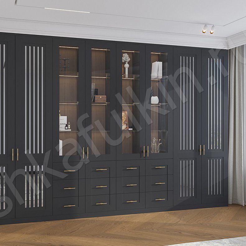 Шкаф-витрина Сандерс Темные Черный Современный 2х створчатые Гостиная Для вещей Для декора Для книг 2