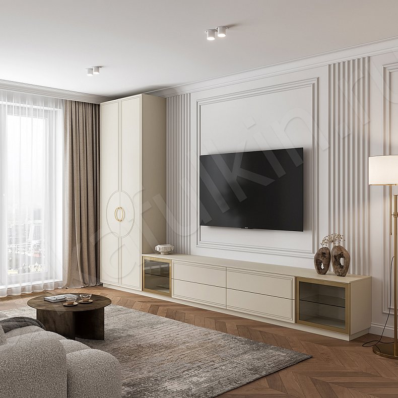 Изображение Стенка Эллада Светлые Белый Неоклассика 2х створчатые Гостиная Для вещей Под ТВ Для посуды Для декора Для книг 1