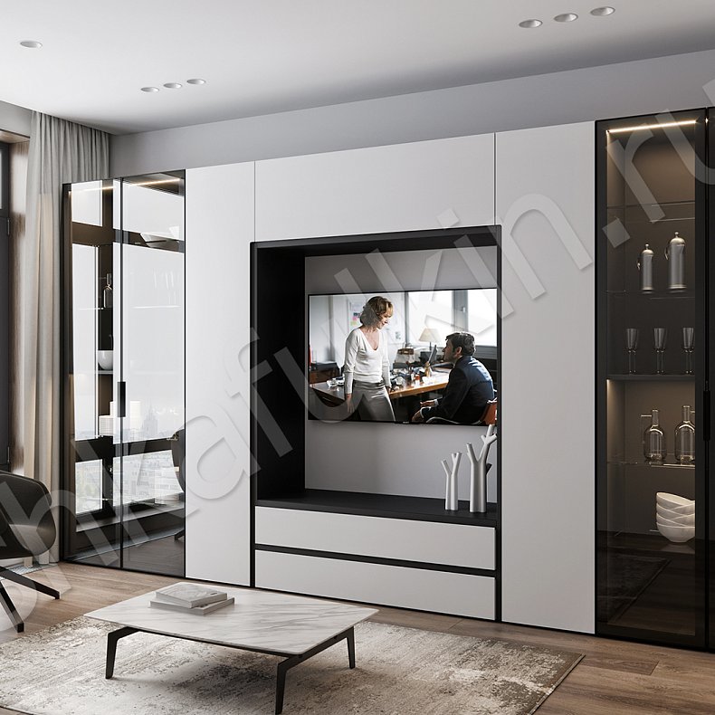 Стенка Тониан Белый Светлые Минимализм 6и створчатые Гостиная Для книг Для посуды Под ТВ Для вещей