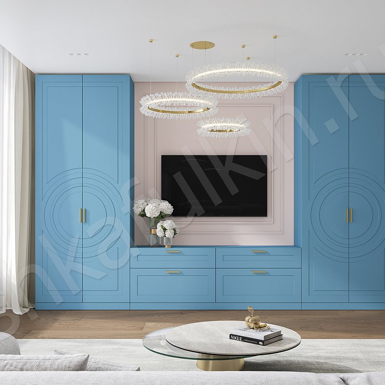 Изображение Стенка Линдор Синий Цветной Коричневый Светлые Неоклассика 4х створчатые Гостиная Под ТВ Для вещей 3