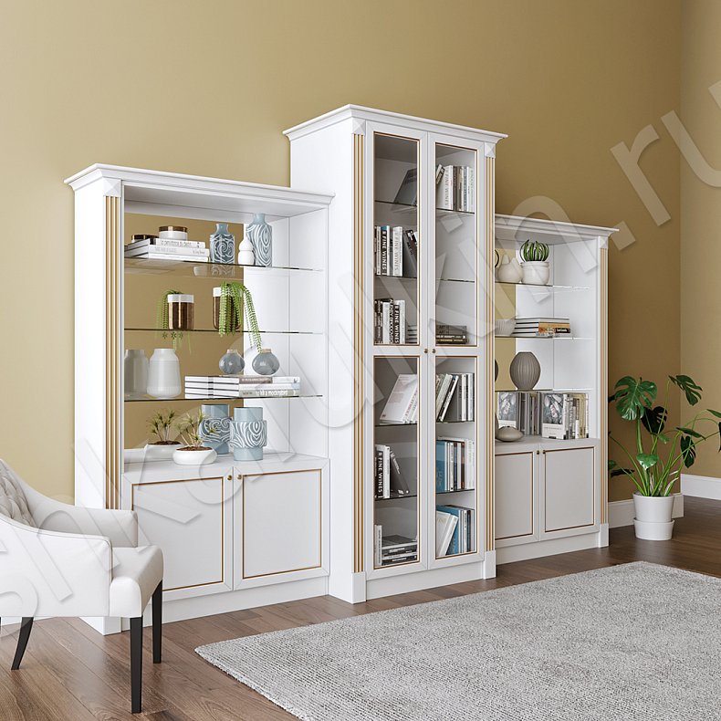 Изображение Стенка Жизель Светлые Белый Синий Темные Классика 2х створчатые Гостиная Для книг Для декора Для посуды 1