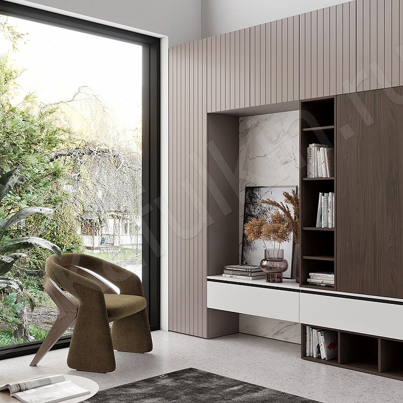 Изображение Стенка Фраппе Коричневый Древесный Светлые Современный 3х створчатые Гостиная Для книг Под ТВ Для вещей 2