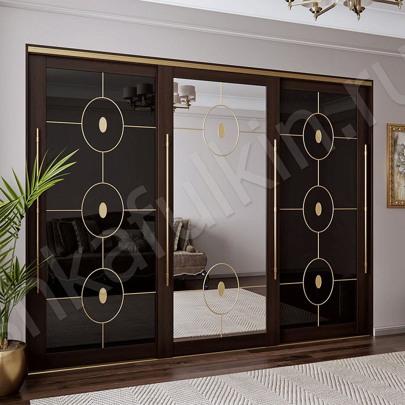 Встроенный шкаф-купе Чарльз Черный Золото Темные Современный 3х створчатые Гостиная Для вещей