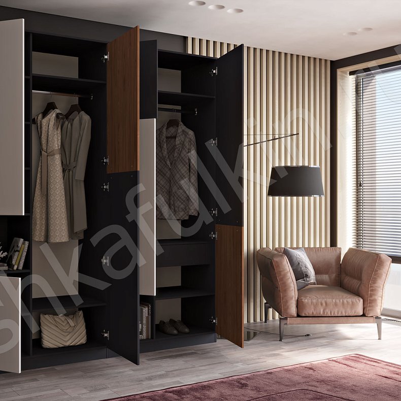 Изображение Шкаф Денди Темные Светлые Серый Коричневый Белый Скандинавский 4х створчатые Спальня Для вещей Для белья 8