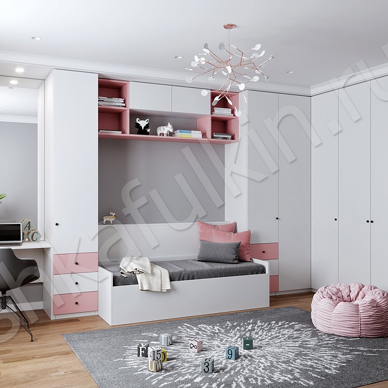 Угловой шкаф Амадеус Белый Цветной Розовый Светлые Современный 5и створчатые Детская Для книг Для вещей